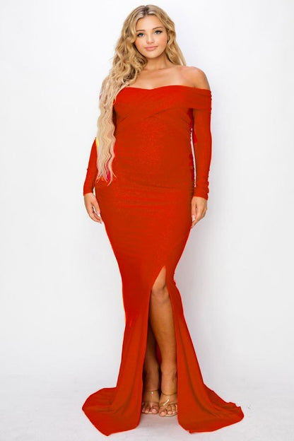 Plus Long Sleeve Off Shoulder Night Party Maxi Dress