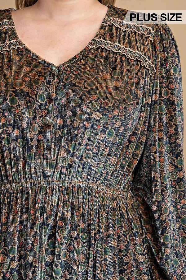 Printed Velvet V-neck Dress With Button Front Detail