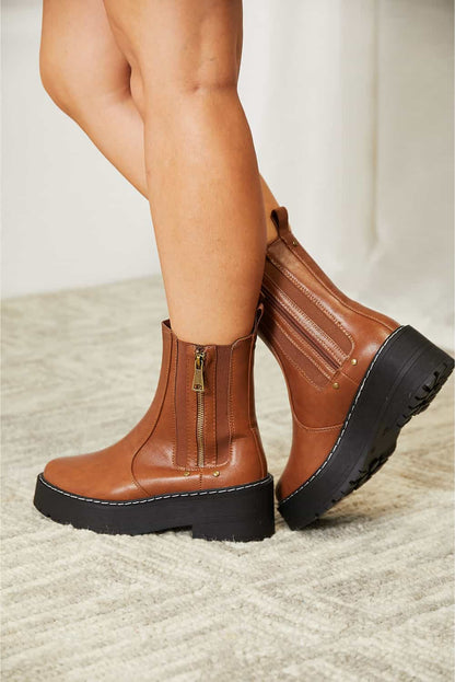 Forever Link Side Zip Platform Boots - Brown