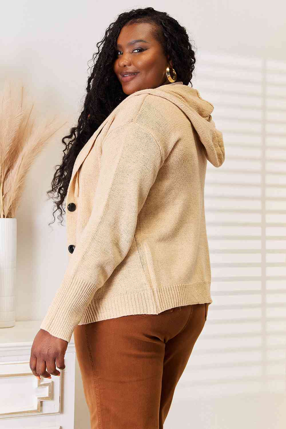 Woven Right Button-Down Long Sleeve Hooded Sweater