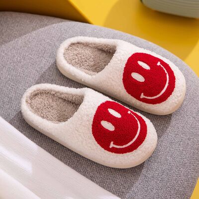 Melody Smiley Face Cozy Slippers - White/Red