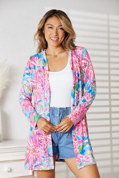 Double Take Floral Open Front Long Sleeve Cardigan