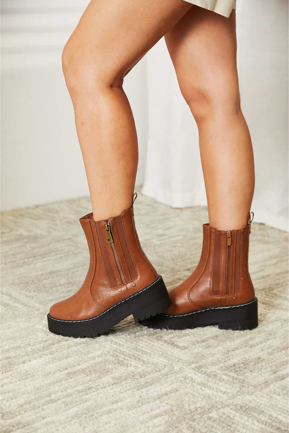 Forever Link Side Zip Platform Boots - Brown