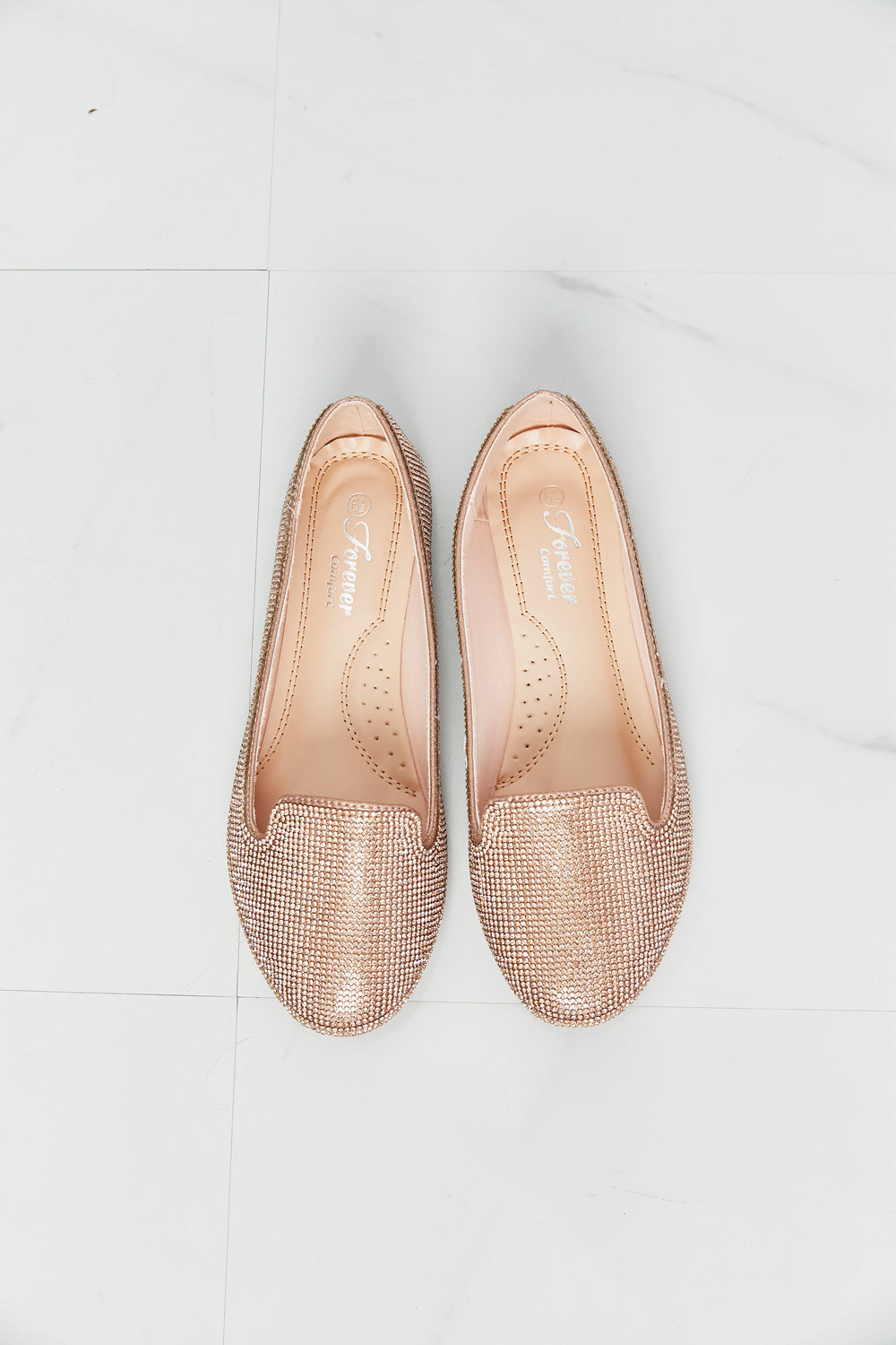 Forever Link Rhinestone Round Toe Flats in Rose Gold