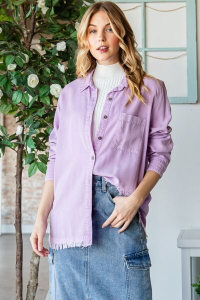 Veveret Raw Hem Button Up Long Sleeve Shirt